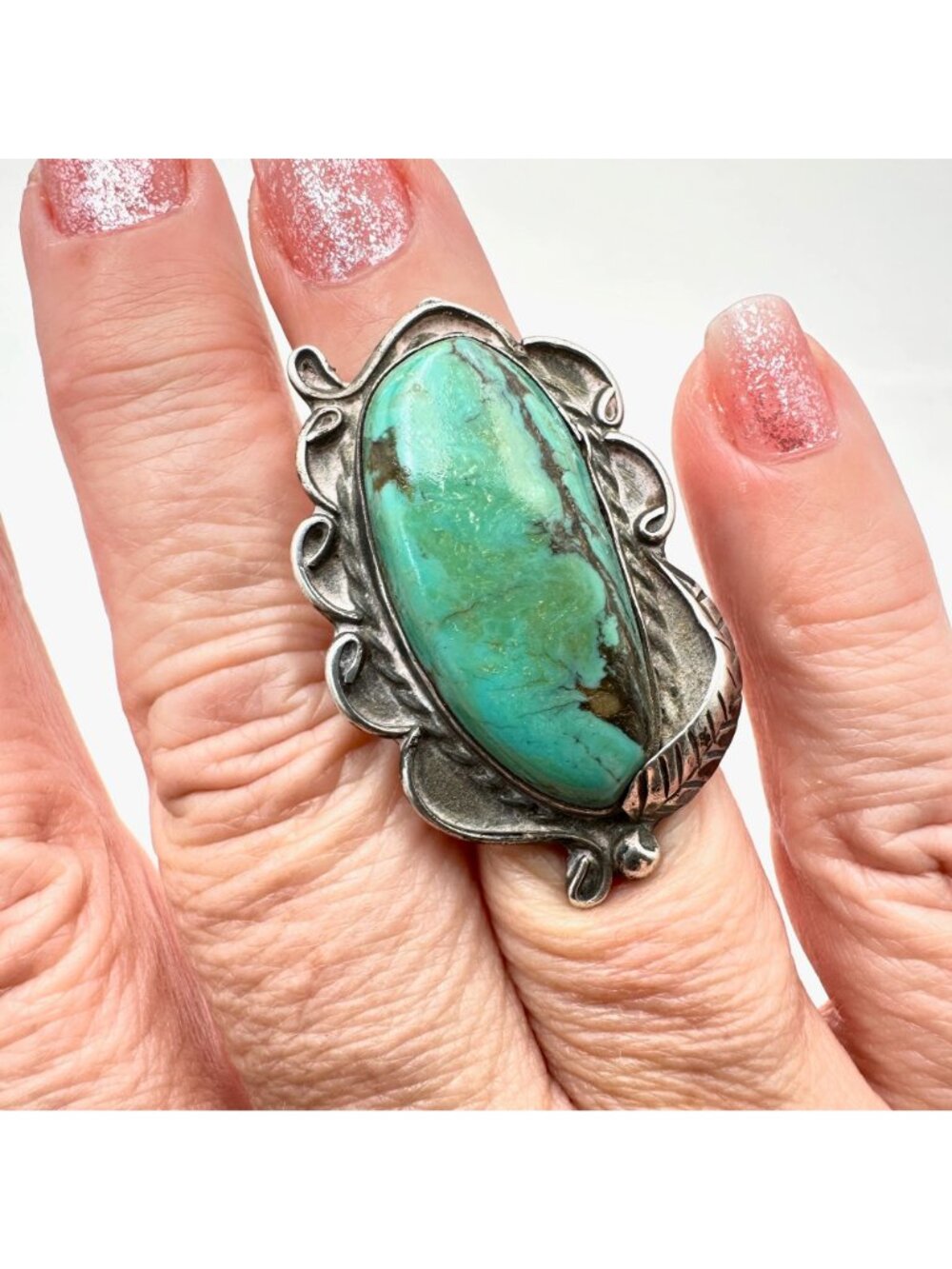 Native American Judy Wallace Blue Green Turquoise Sterling Silver Ring Size 7 - Picture 6 of 6